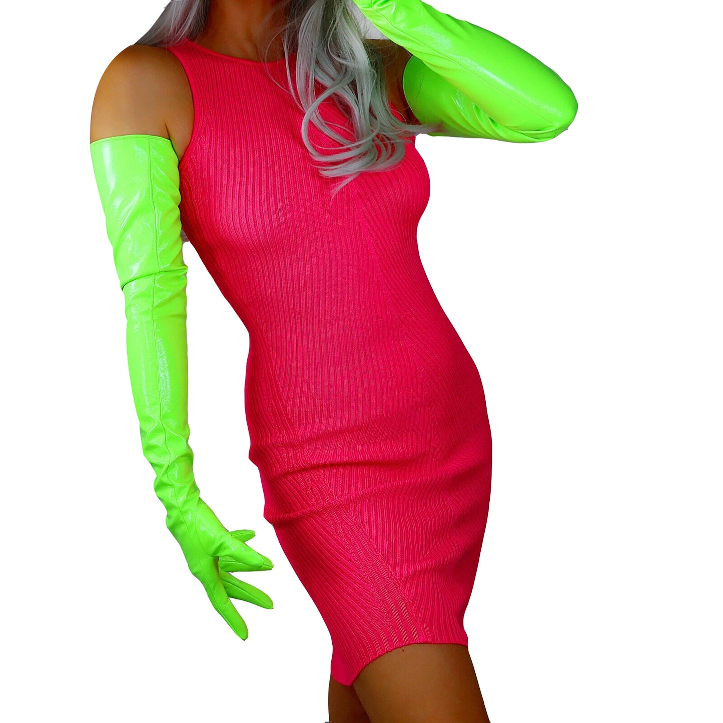 Guantes largos de cuero DooWay para mujer, 70 cm, de látex sintético con efecto patente verde fluorescente brillante, para disfraz de fiesta navideña