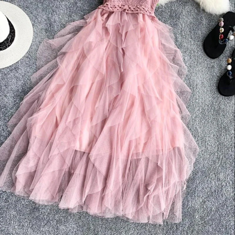 Summer Sleeveless Sling Gauze Tulle Dress Women knit V-neck Sexy Backless Long Dresses Sweet Mesh Pink Party Dress Vestidos