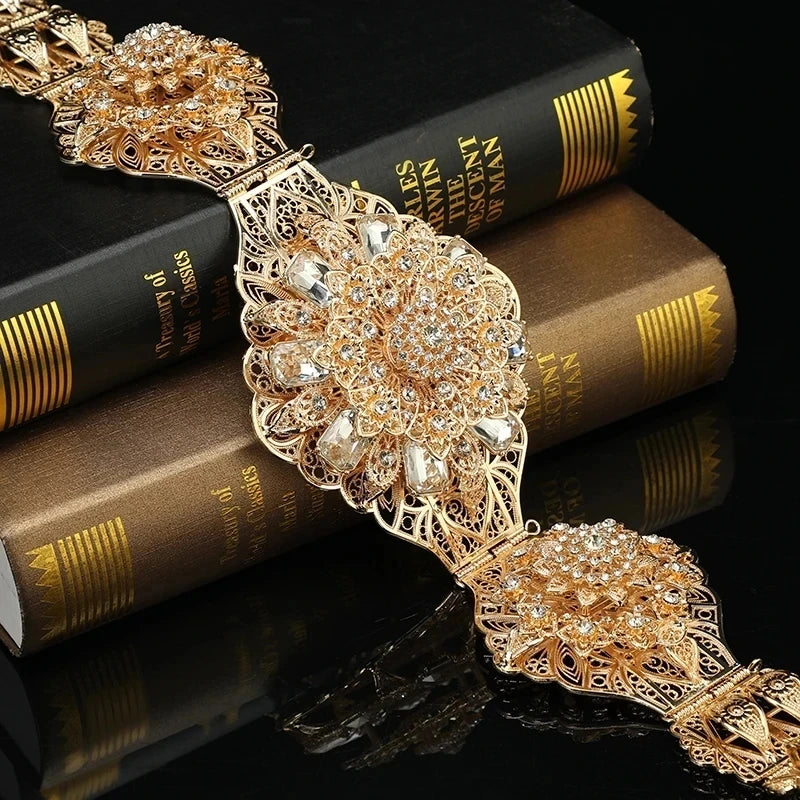 Moroccan Large Size Wide Belt Hollow Out Pattern Carved Waist Chain Noble Round Crystal Flower Body Jewelry Wedding Bride Gift