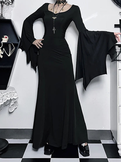 InsGoth Gothic Halloween Dress Women's Sheath Witch Vintage Batwing Sleeve V Neck Long Mermaid Formal Gown Evening Dresses