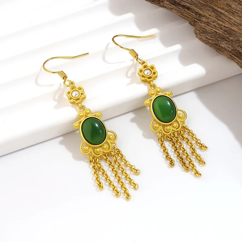 Golden Palace Emerald Jade Pearl K Gold earrings k gold Women's earrings Designer Luxury Jewelry Gifts for Girlfriends