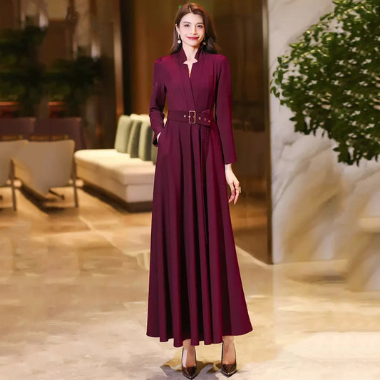 New Women Spring Autumn Vintage Long Dress Fashion Small V-Neck Long Sleeve Slim Dress Elegant Exquisite Office Lady Dress