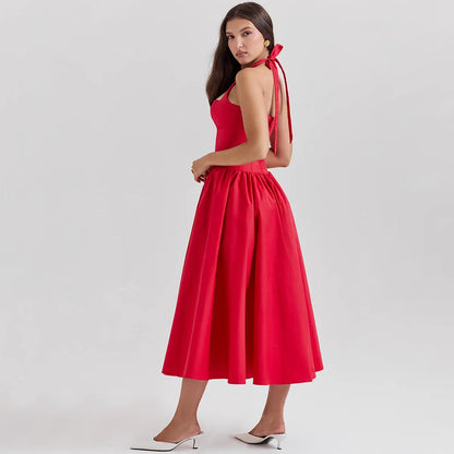 Oligai Summer Women Halter Dress 2024 Red Elegant Fit and Flare Birthday Dress Long Casual Sexy Dress Female Clothing