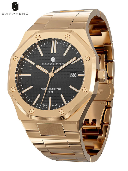 SAPPHERO Reloj octagonal de oro rosa para hombre, resistente al agua hasta 30 m, de cuarzo, de negocios, de moda, para hombre