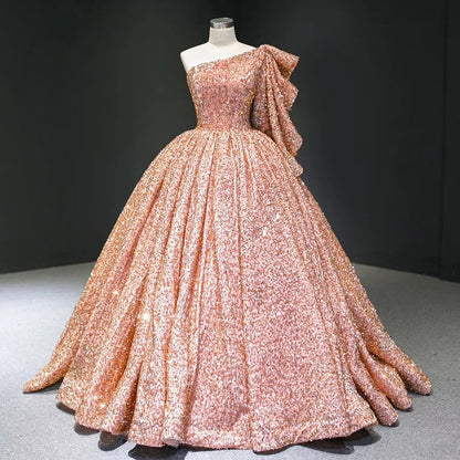 RSM67098 Robe de cocktail à paillettes, longueur au sol, longue robe de soirée rose, plissée, robe d'invitée de mariage pour femmes, robe de soirée