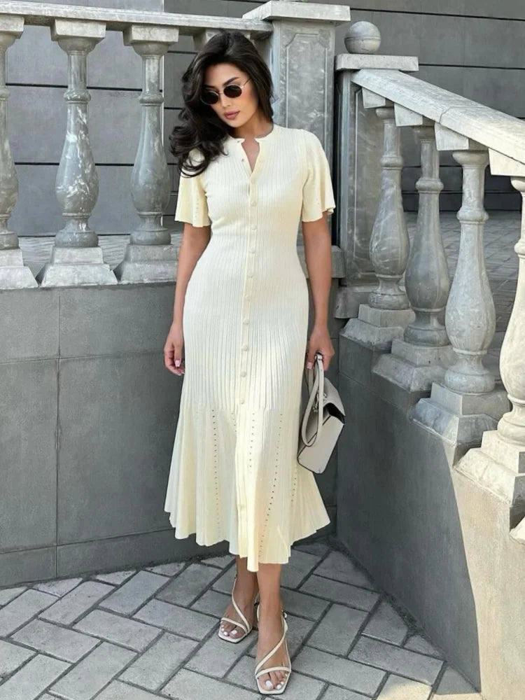 Women Elegant Solid Pleated Hem Patchwork Long Dress Chic Round Neck Short Sleeves Single Breasted Robe Summer Lady Commute Wear