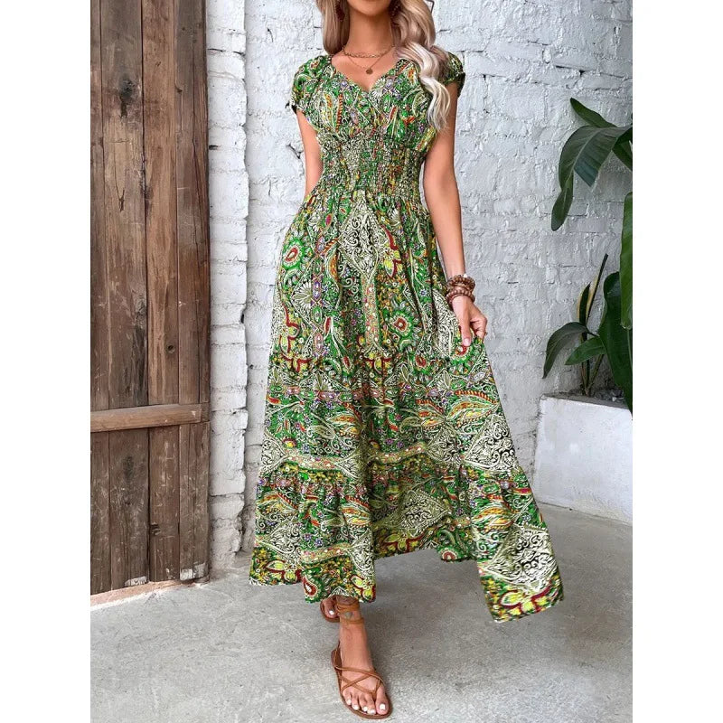 CYDNEE New Boho Paisley Print Dress Women Elegant V Neck Short Sleeve Summer Large Hem Long Dress Vintage Beach Party Maxi Dress