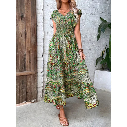 CYDNEE Nuevo vestido bohemio con estampado de cachemira para mujer, elegante vestido largo de verano con escote en V y manga corta con dobladillo grande, vestido maxi vintage para fiesta en la playa