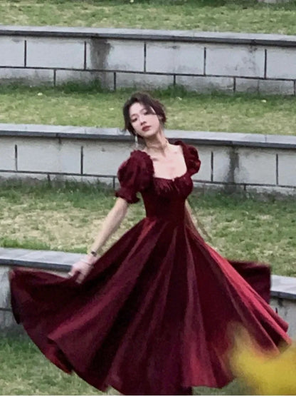 French Vintage Burgundy Evening Party Dress Women 2023 Summer Elegant Romantic Prom Vestidos Korean A-line Graduation Dresses