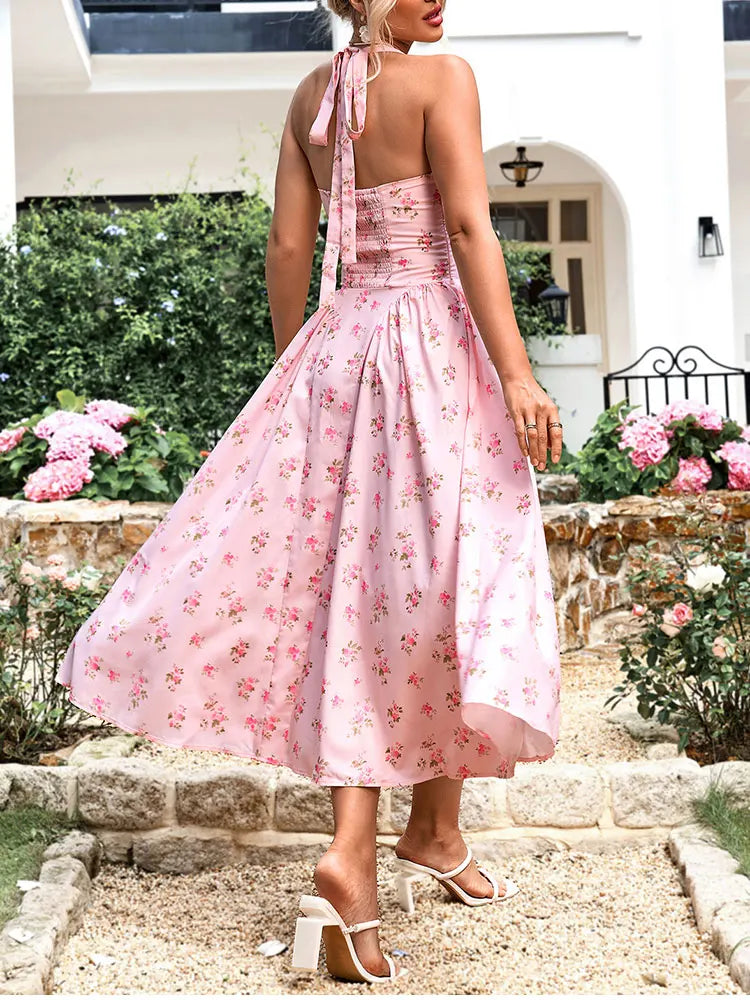 NewAsia Women's Halter Backless Print Floral Midi Corset Dress Spaghetti Straps Tie Up Fashion Casual Holiday Long Dresses Pink