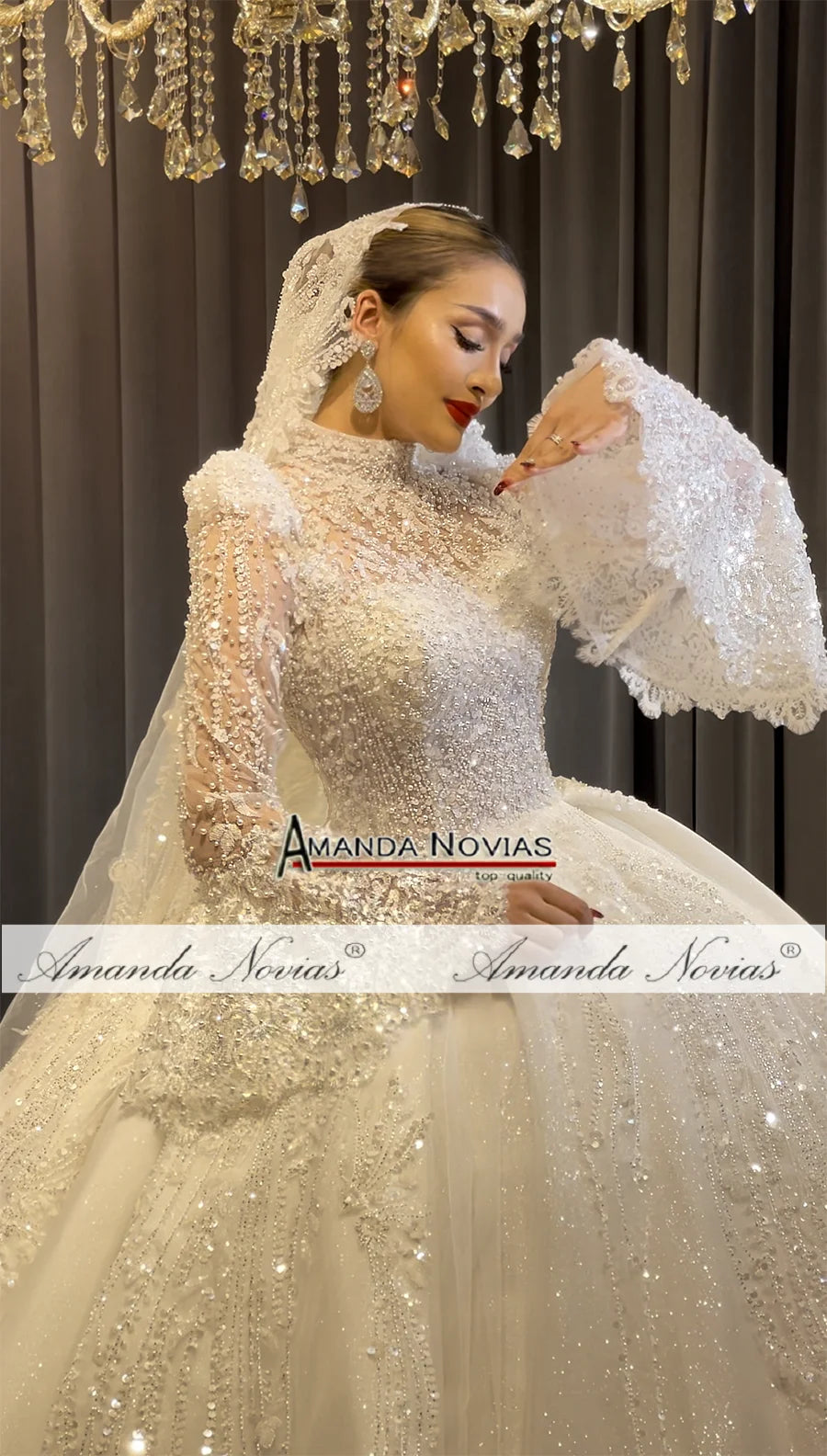 NS4714 Amanda Novias Robe de mariée de luxe en dentelle à manches bouffantes