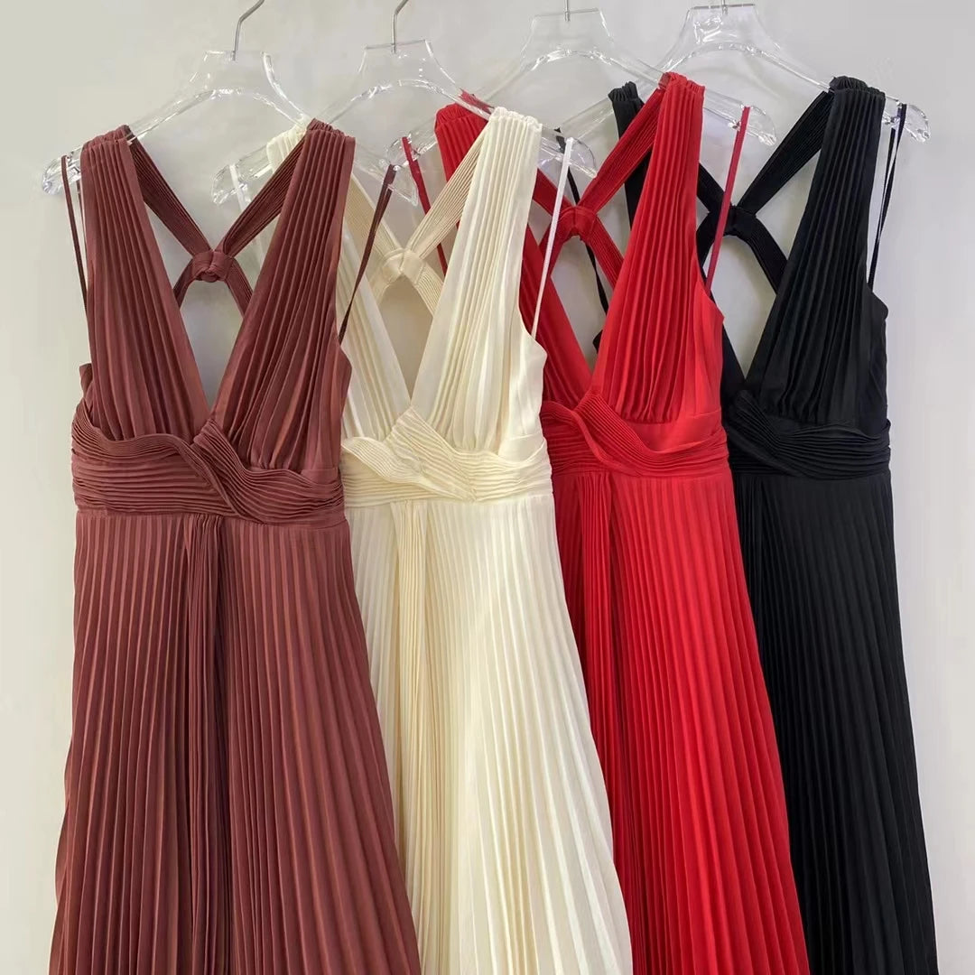 Women v-neck sleeveless sexy long dress Pleated irregular hem midi dress