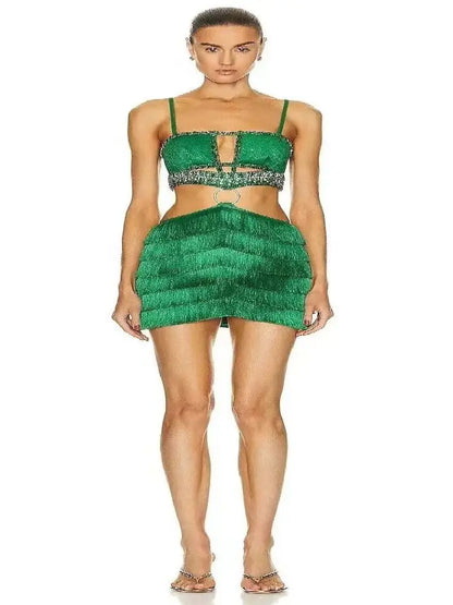 Brand Summer New 2024 INS Celebrity Sexy Tassel Green Bodycon Bandage Dress Elegant High Street Evening Mini Party Dress