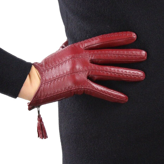 Guantes cortos de piel auténtica DooWay para mujer, color vino tinto oscuro, con cremallera en la muñeca, borlas y flecos, forrados con tecnología, cálidos para conducir en invierno y fiestas