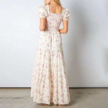 Robe longue d'été fluide à manches courtes et col carré pour femme, imprimé floral vintage Kawaii Combhasaki