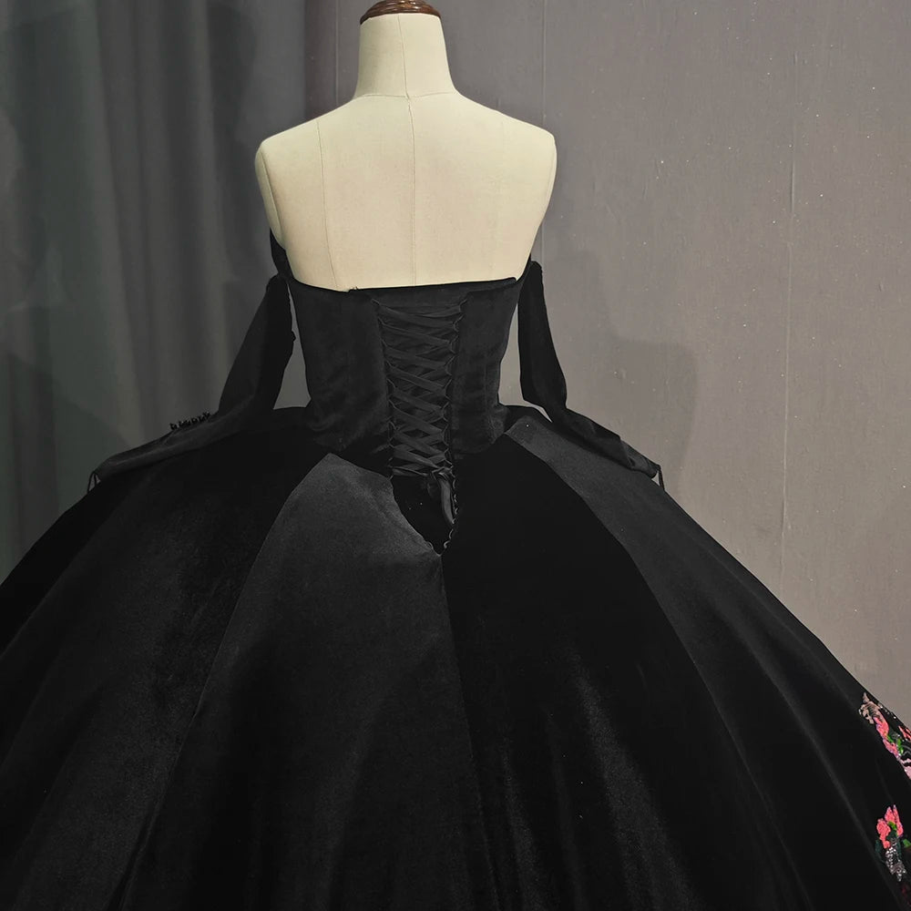 Black Off Shoulder Tulle Ball Gown Sweet 16 Dress Floral Prom Dress Party Dress 6708