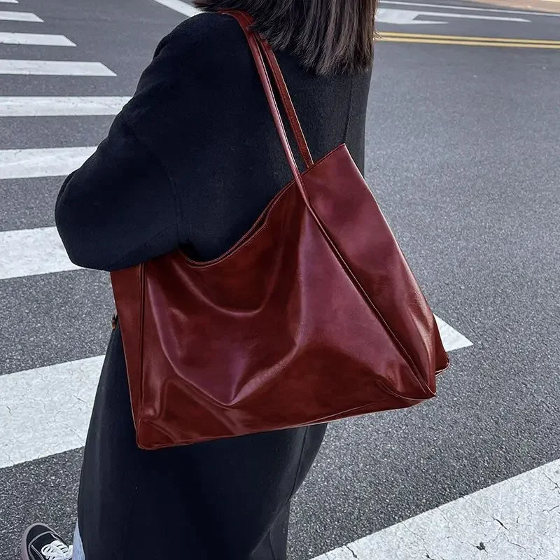 MBTI Vintage Red Womens Tote Bag Athletic Casual Fashion Large Capacity Leather Shoulder Bag Shopper Harajuku Simple Handbag Sac