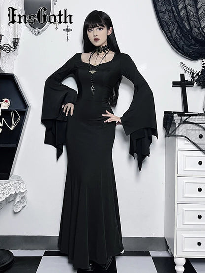 InsGoth Gothic Halloween Dress Women's Sheath Witch Vintage Batwing Sleeve V Neck Long Mermaid Formal Gown Evening Dresses