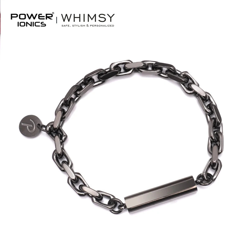 POWER IONICS Vintage Heavy Gray Cuban Link Bracelet Men Women Boys Fashion Punk Bangles Jewelry Free Engrave