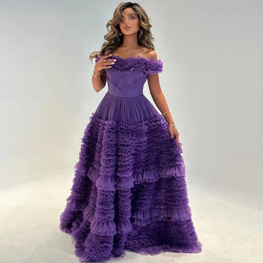 Tulle Pleat Wedding Party A-line Boat Neck Bespoke Occasion Gown Long Dresses