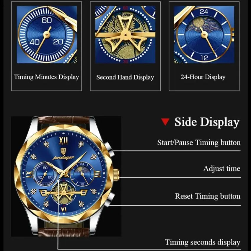 POEDAGAR Reloj de lujo para hombre, deportivo, de cuero, de cuarzo, resistente al agua, luminoso, cronógrafo, para hombre, reloj masculino + caja