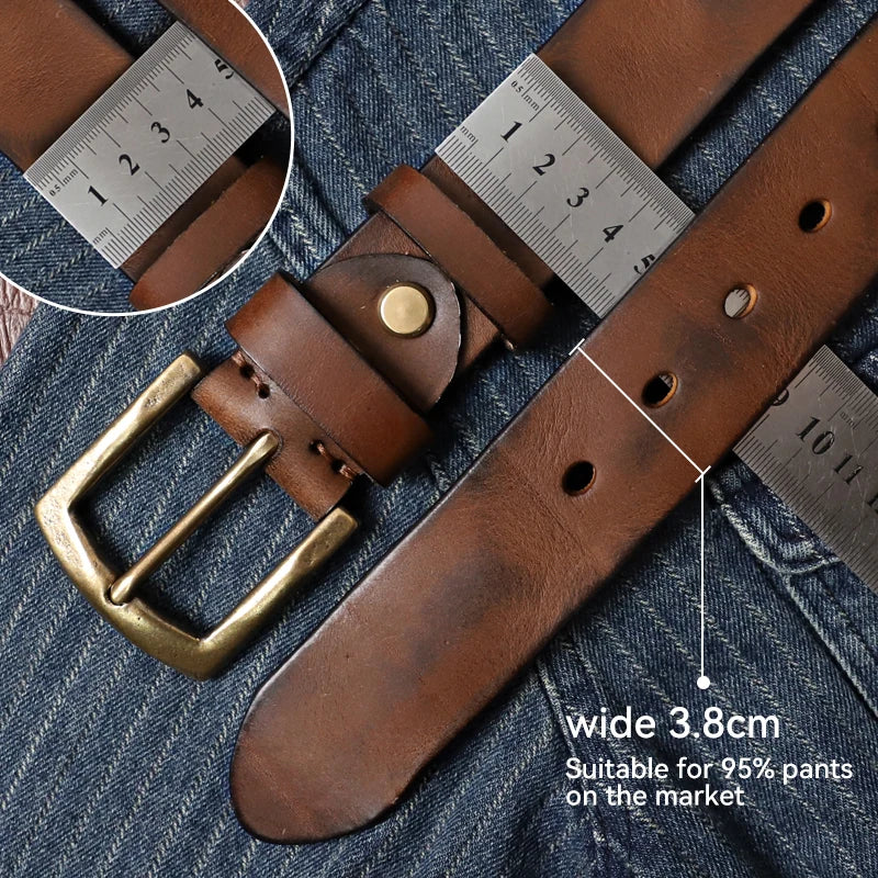 Ceinture en cuir véritable de 3,8 cm pour homme, boucle en cuivre de haute qualité, ceinture décontractée en peau de vache pour jeans, ceinture de cowboy pour homme