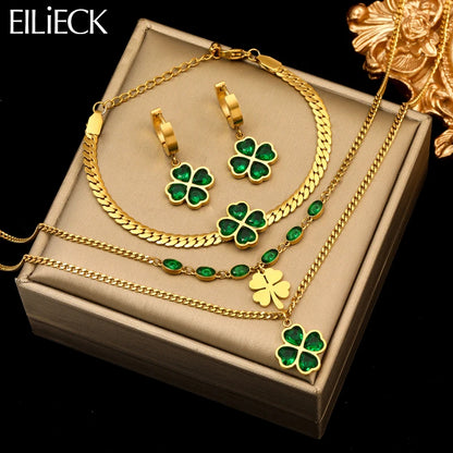 EILIECK 316L Acier Inoxydable Trèfle Vert Zircon Collier Bracelet Boucles D'oreilles Tendance Pour Femmes Nouveau Cadeau De Fête Bijoux De Luxe 3-Set