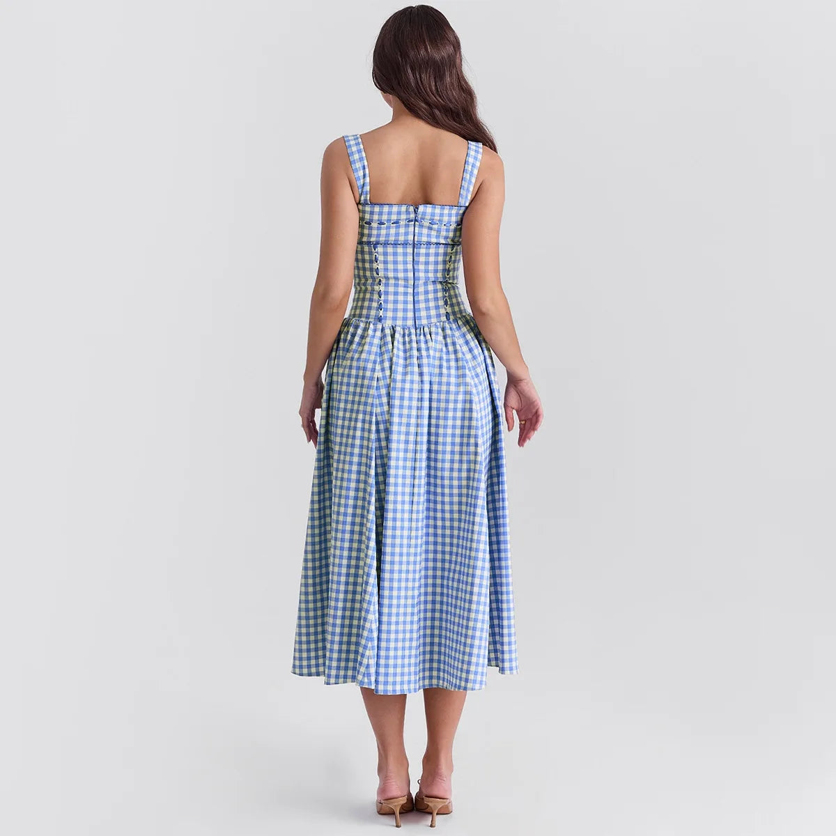 Oligai Élégante et Belle Femme Robes 2024 Été Spaghetti Strap Longue Robe À Carreaux Avec Poche Femme Robe De Vacances