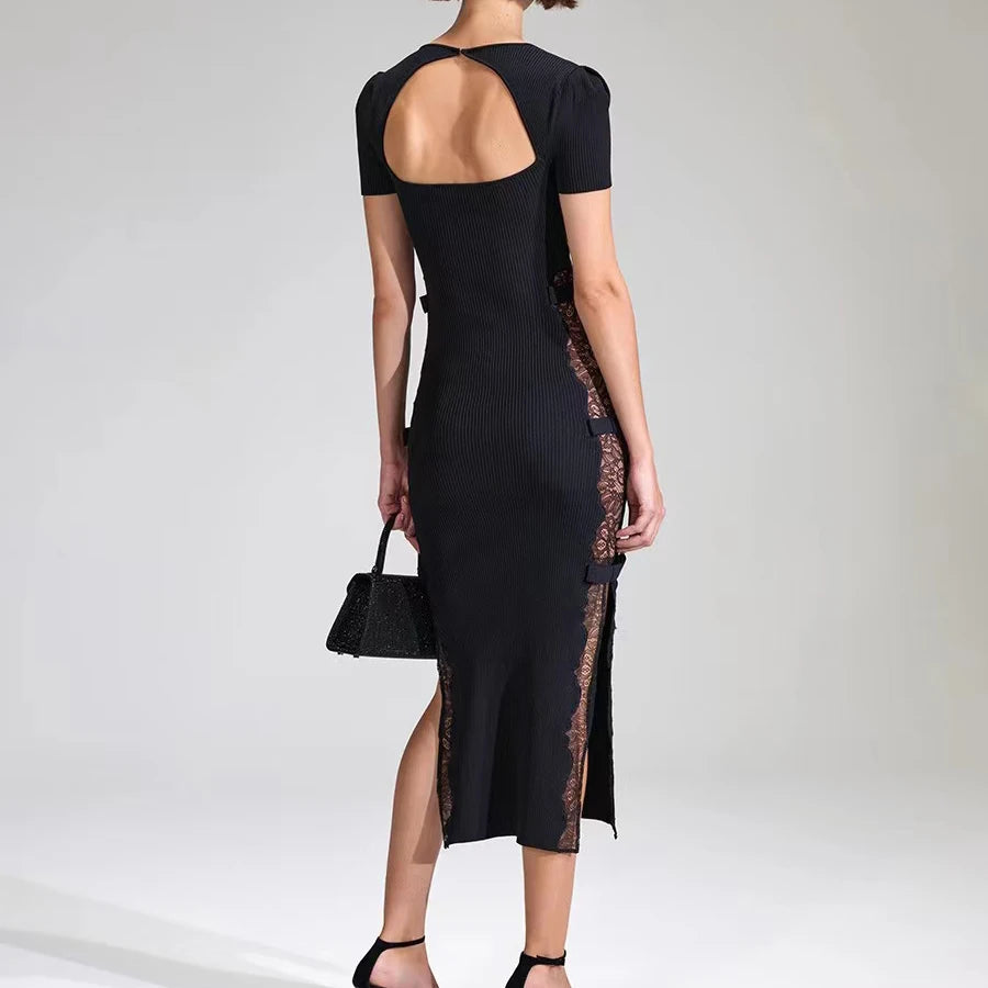 Women slim backless long dress 2023 new Side lace stitching split temperament lady midi dress