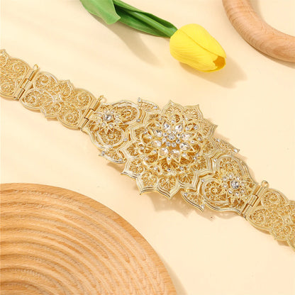 Moroccan Waist Chain Metal Arab Bride Wedding Jewelry Robe Belt Flower-Patterned Rhinestones Embellish Birthday Party Gifts