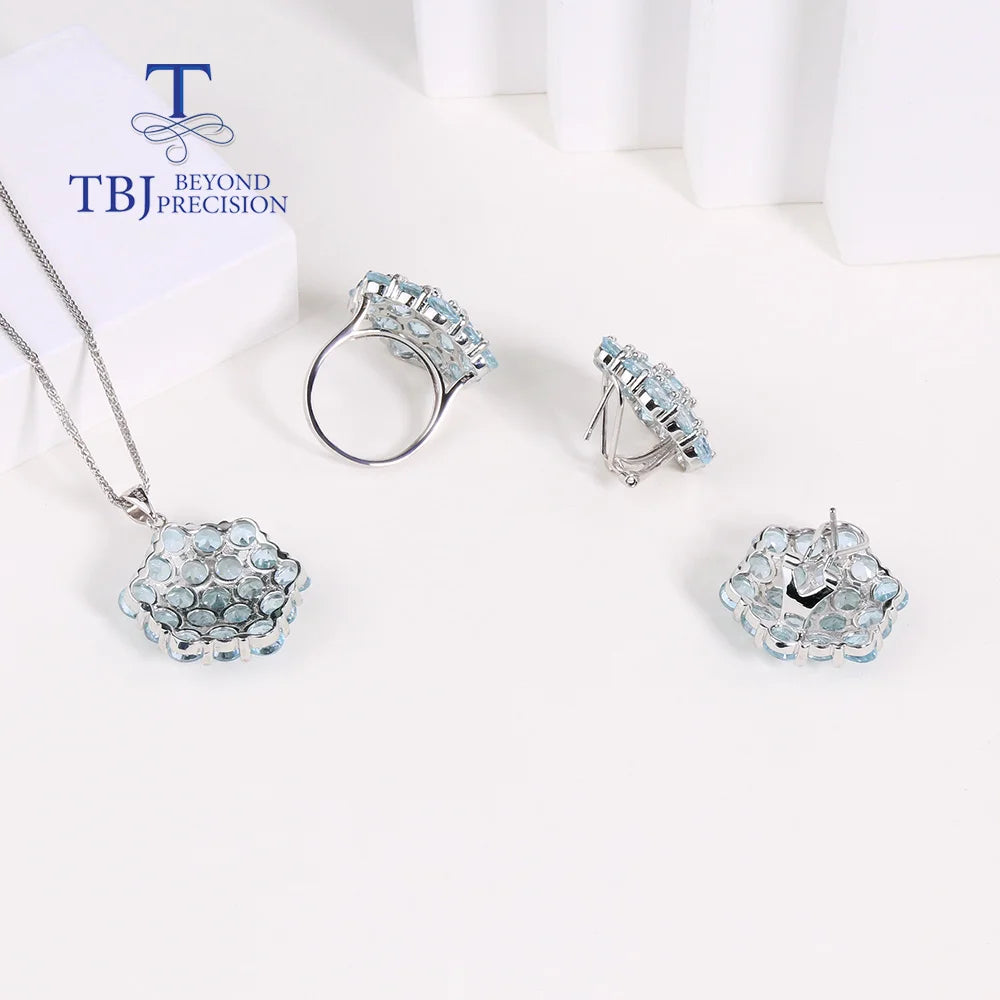 Ensemble de bijoux en argent sterling 925 avec pierres précieuses naturelles en topaze bleu ciel du Brésil, boucles d'oreilles, bagues, pendentifs pour femmes, maman, femme, joli cadeau