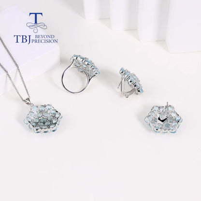 Conjunto de joyas grandes de plata de ley 925, pendientes, anillos y colgantes de piedras preciosas de topacio azul cielo de Brasil natural para mujeres, mamás y esposas, bonito regalo