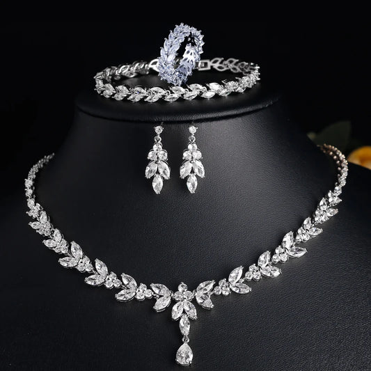 ZAKOL Luxury Brilliant Zirconia Leaf Necklace Earrings Rings Bracelets Set for Women CZ Drop Bridal Wedding Jewelry Sets New