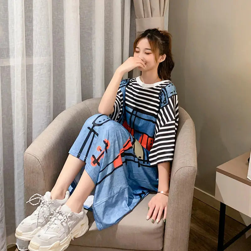 Fashion Summer Dress For Women New Long Dress Cartoon Anime One Piece Outfit Women Short Sleeve Loose Plus Size Dresses