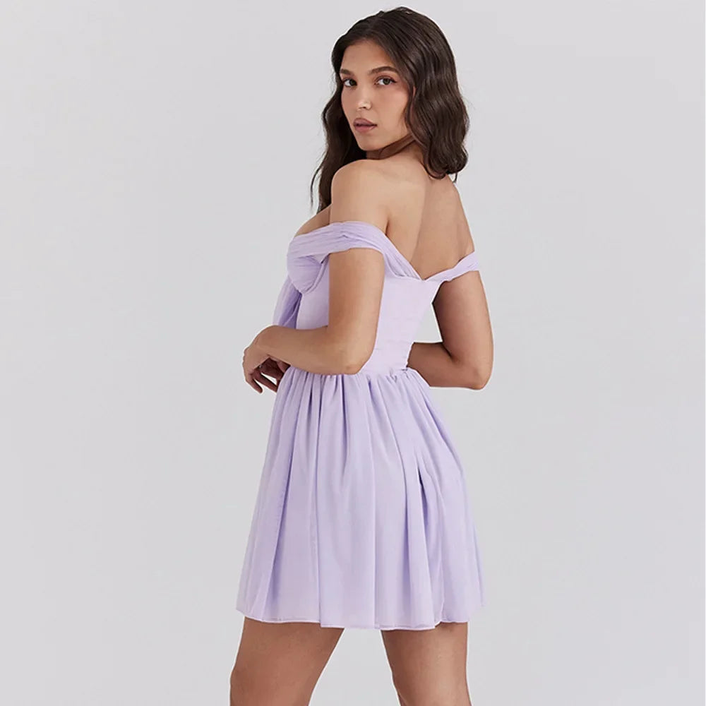 Oligai slim fitting Short Party Dresses Casual Off The Shoulder Mesh Dress Elegant Purple Fashion Summer Dresses 2024