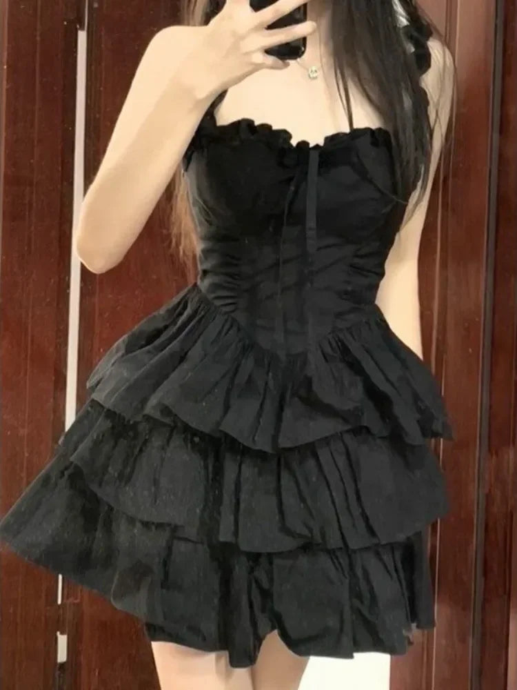 QWEEK Gothic Hrajuku Goth Lolita Kawaii Lindo Vestido Negro Con Volantes Suave Chica Y2k Coquette 2024 Moda Pastel Fiesta Vestidos Cortos