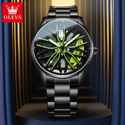 Reloj OLEVS para hombre, esfera giratoria de 360°, llanta de coche deportivo, buje de rueda, resistente al agua, luminoso, de acero inoxidable, reloj de pulsera de cuarzo para hombre