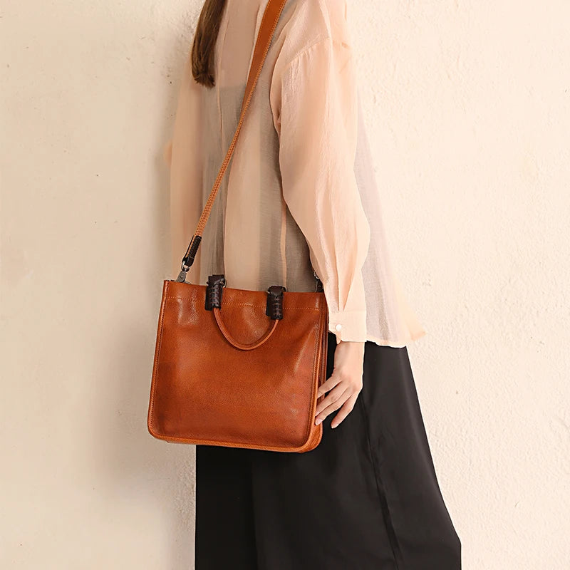 Genuine Leather Women Handbag 2024 New Square Tote Bag Diagonal Bag Female Retro Portable Briefcase Handmade Soft Leather