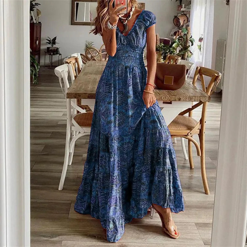 CYDNEE Nuevo vestido bohemio con estampado de cachemira para mujer, elegante vestido largo de verano con escote en V y manga corta con dobladillo grande, vestido maxi vintage para fiesta en la playa