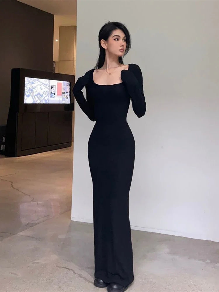 QWEEK Y2K Sexy Black Dress Women Vintage Wrap Slim Bodycon Long Dresses Party Evening Square Collar 2024 Fashion Spring Outfits