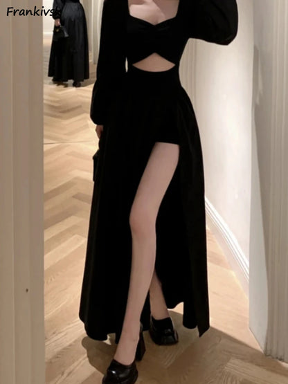 Long Sleeve Dresses Women Clothes Gown Sexy Side-slit Solid Maxi Vestidos Mujer Chic Autumn French Streetwear Unique Design New