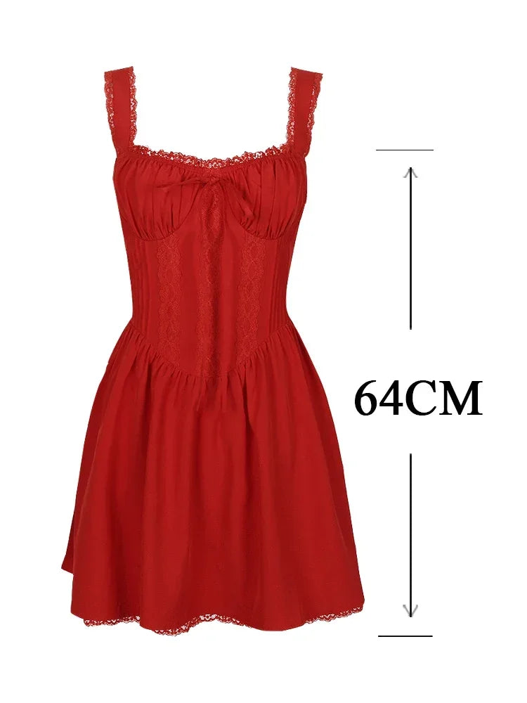 Oligai Summer Dresses for Women 2024 Red Spaghetti Strap A Line Dress Lovely Elegant Lace Up Party Dress Mini Vacation Dress