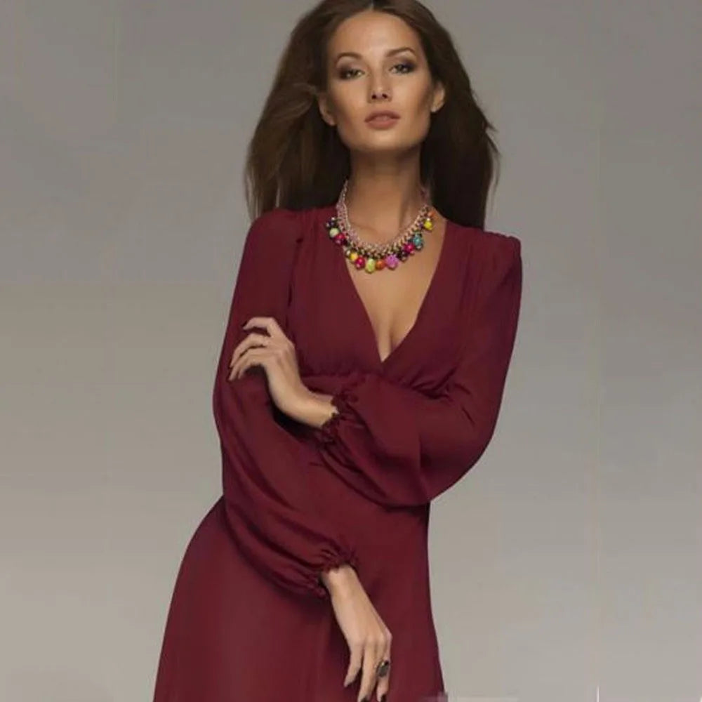 Women Vintage Maxi Dresses 2023 Summer Sexy Deep V-Neck Long Sleeve Dress