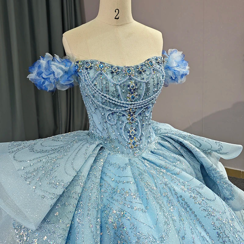 Jancember Blue Strapless Short Sleeves Cap sleeve Court Train Ruffles Lace Up Sequined Chic Evening Dress for Women DY6596