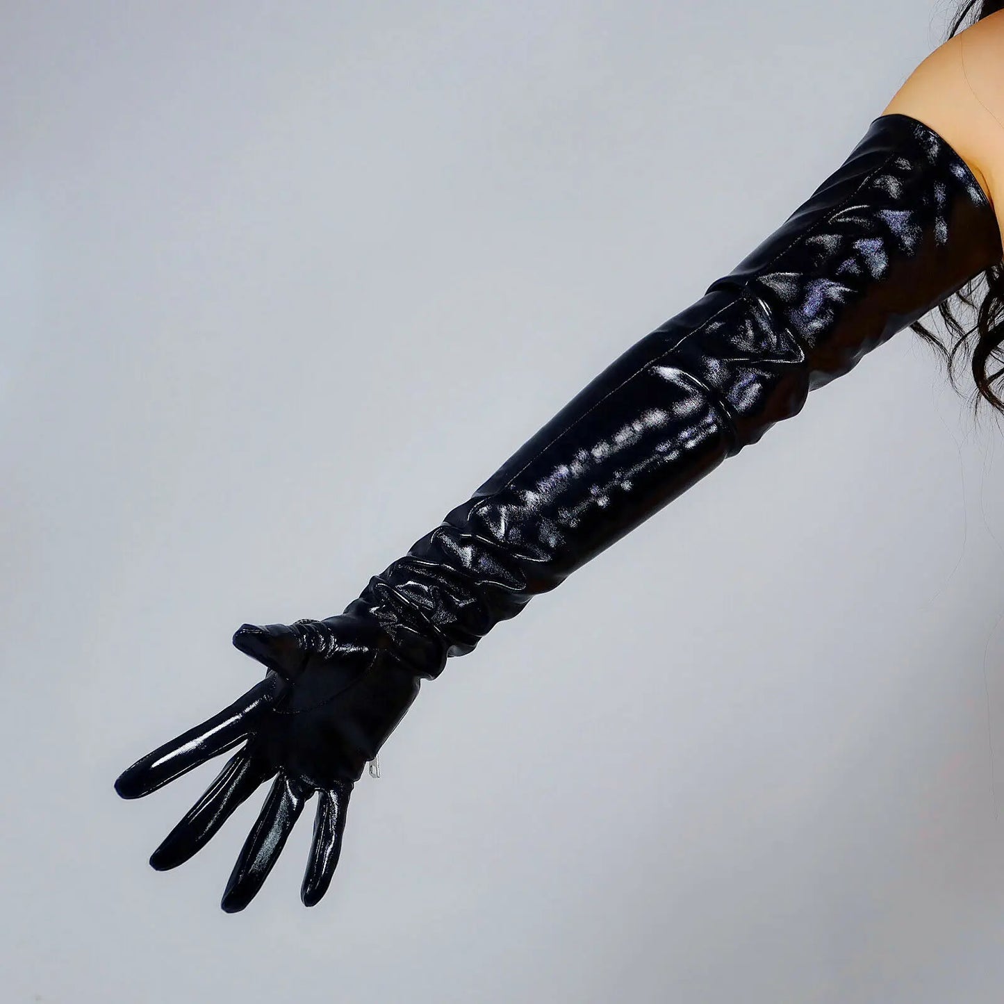 Gants en cuir verni longs noirs brillants DooWay pour femmes, poche triangulaire pour main gauche, 70 cm, 28 pouces, gants d'opéra de soirée en faux latex