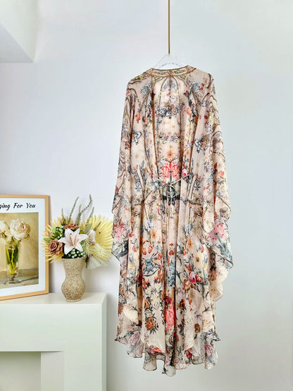 Women Batwing Sleeve Flower Printed V-Neck Beaded Waist Lace-up Silk Holiday Long Dress