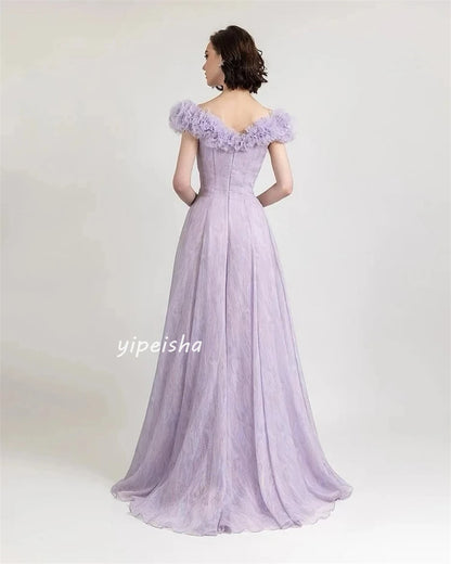 Evening  Sexy Casual  Jersey Flower Button Ruched Formal Evening A-line V-neck Bespoke Occasion Gown Long Dresses