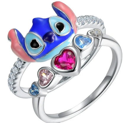 Disney Cute New Cartoon Lilo & Stitch Rings Women Girl Fashion Anime Jewelry Accessories Clear Crystal Angel Ring Kid Party Gift