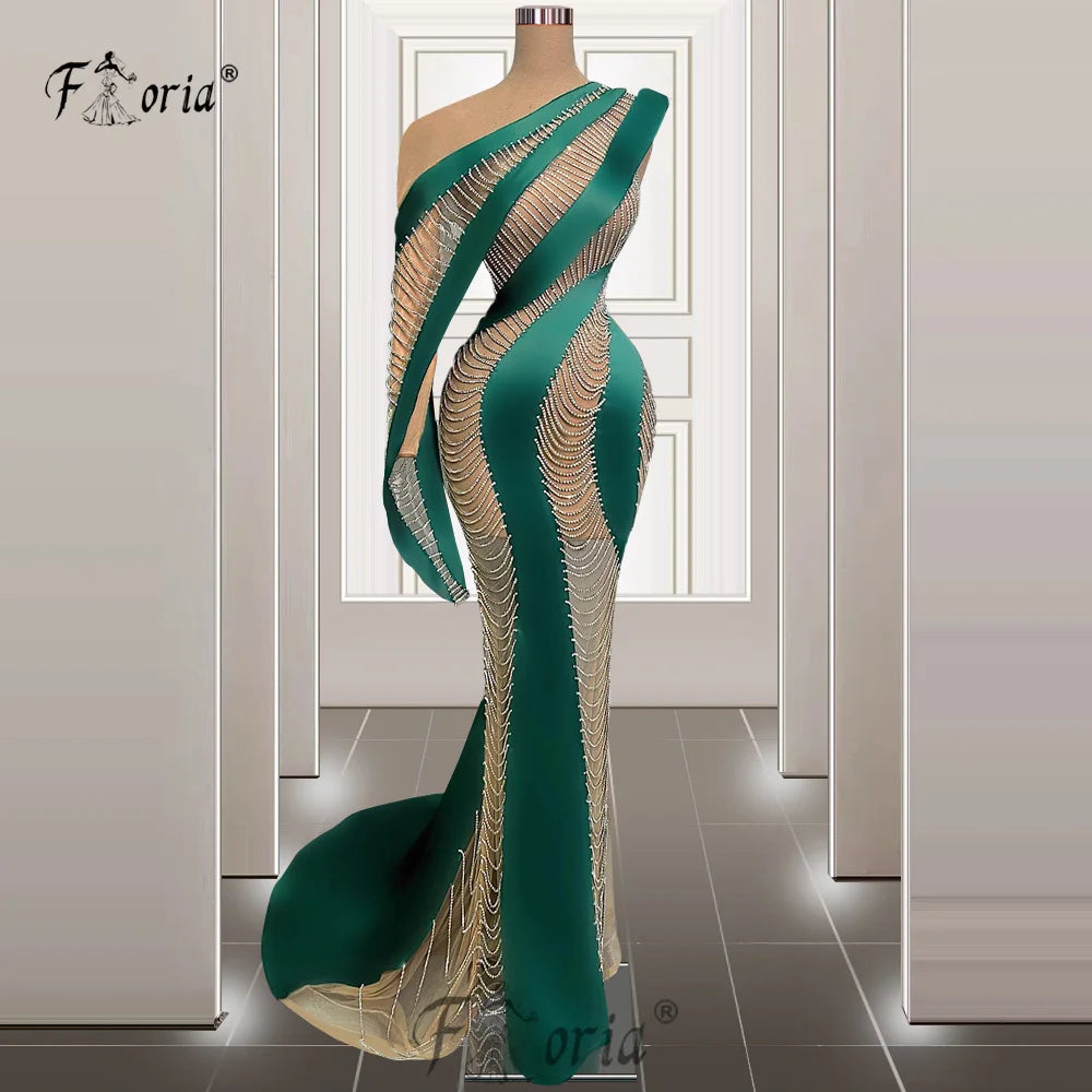 Robe de soirée sirène à pompons verts pour occasions spéciales, robe de soirée à une épaule transparente en cristal