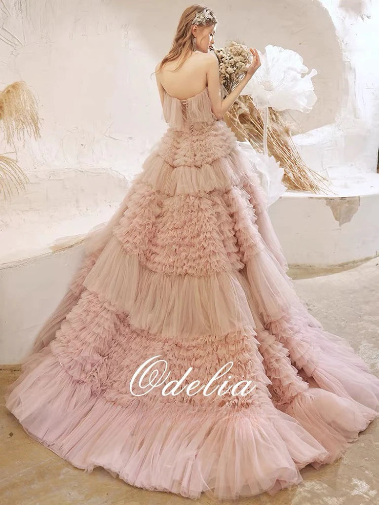 Robe de soirée de mariage en tulle à volants, robe de célébrité rose poudré, à plusieurs niveaux, sans bretelles, à lacets, longue, élégante, pour princesse, ivoire